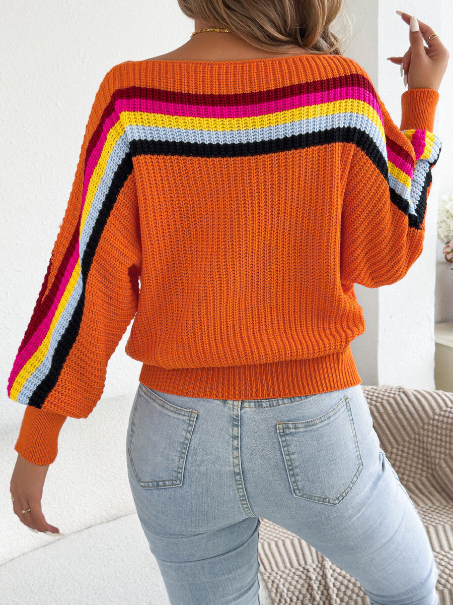 pullover sweater in yellow with striped and ribbed stretch