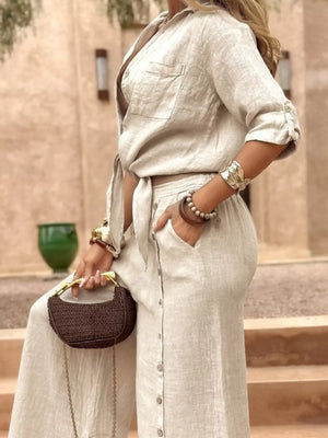 Full Size Button Up Shirt And Wide-leg Pant Set Plus Size in Brown with tied