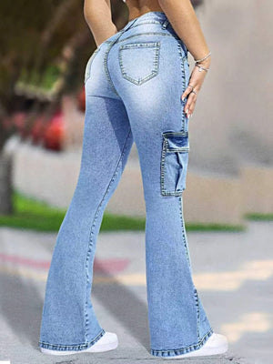 light blue flare jeans with full-length and button-front