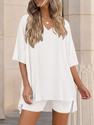 White V-neck two-piece set with oversized top and shorts, casual comfortable women's outfit