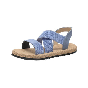 Pastel blue crisscross elastic summer sandals with braided sole detail.