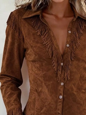 100% polyester Care instructions: Machine wash cold button-up shirt in Brown with fitted silhouette