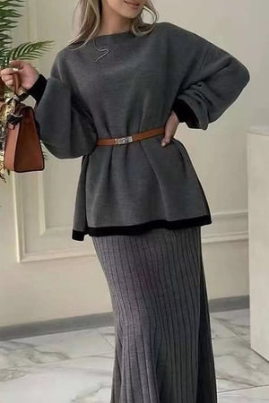 Sweater and Skirt Set in charcoal featuring two-piece and relaxed fit