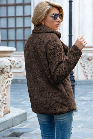 Teddy pea coat in mocha brown with a relaxed fit and wide collar.