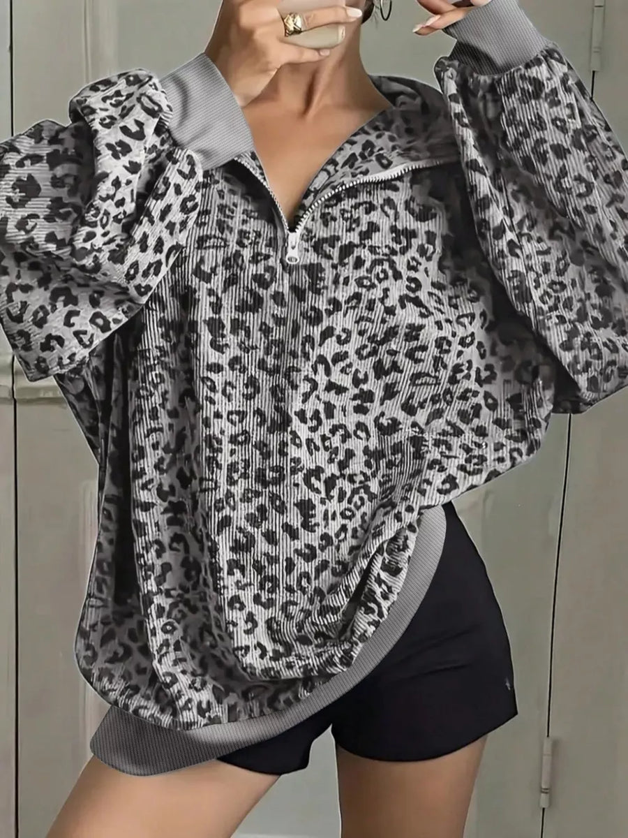 light grey sweatshirt with leopard-print and collared