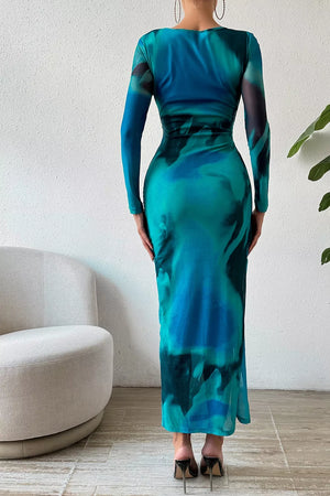 Dusty Blue with Ruched Tie-dye Midi Dress With High Slit
