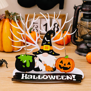 Halloween Sign Trio with gnome, cauldron, and pumpkin decor.