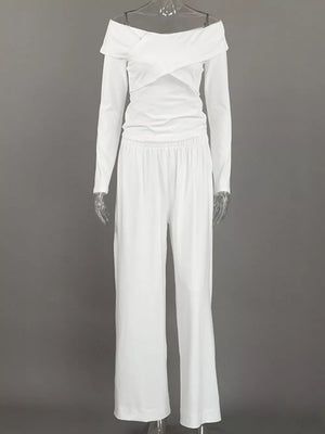 modern off-shoulder top and wide-leg pants set in White with off-shoulder