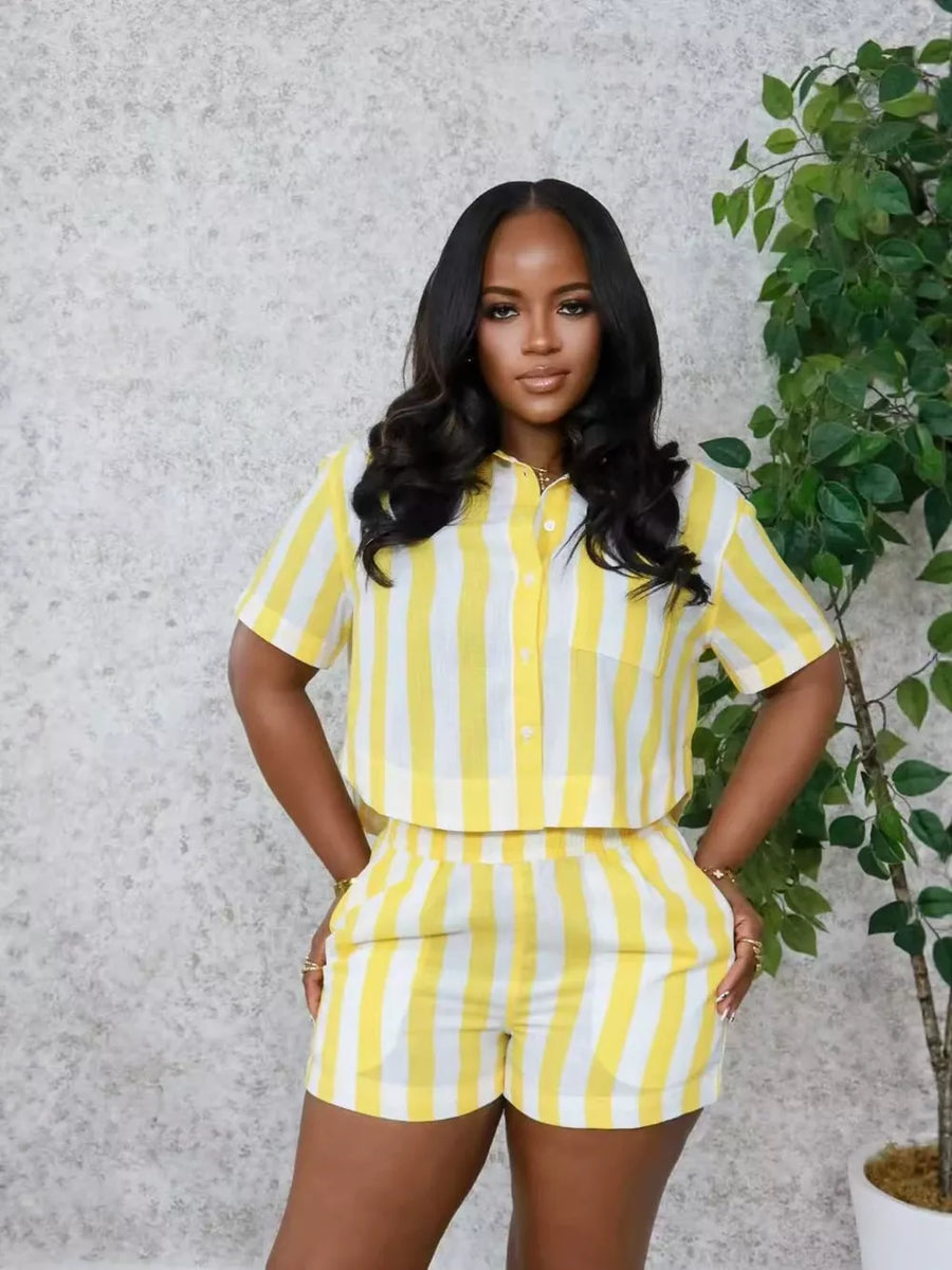 Yellow and white striped two-piece set with button-up shirt and shorts.