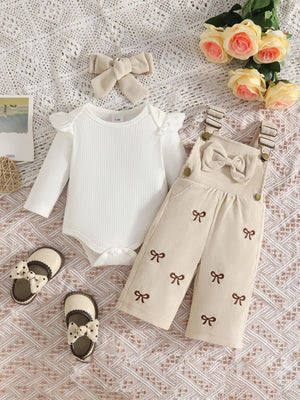 ivory overalls with bow and round neck