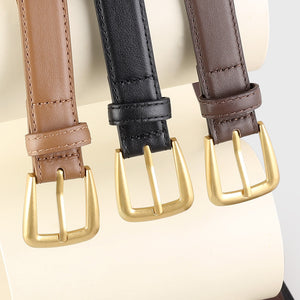 Skinny leather belts in black, brown, and olive brown with gold buckles.