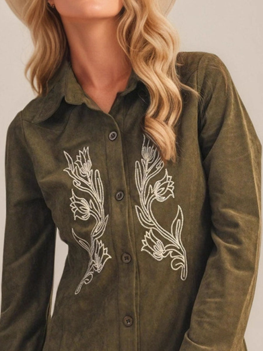 shirt dress in Dark Green with floral and buttoned