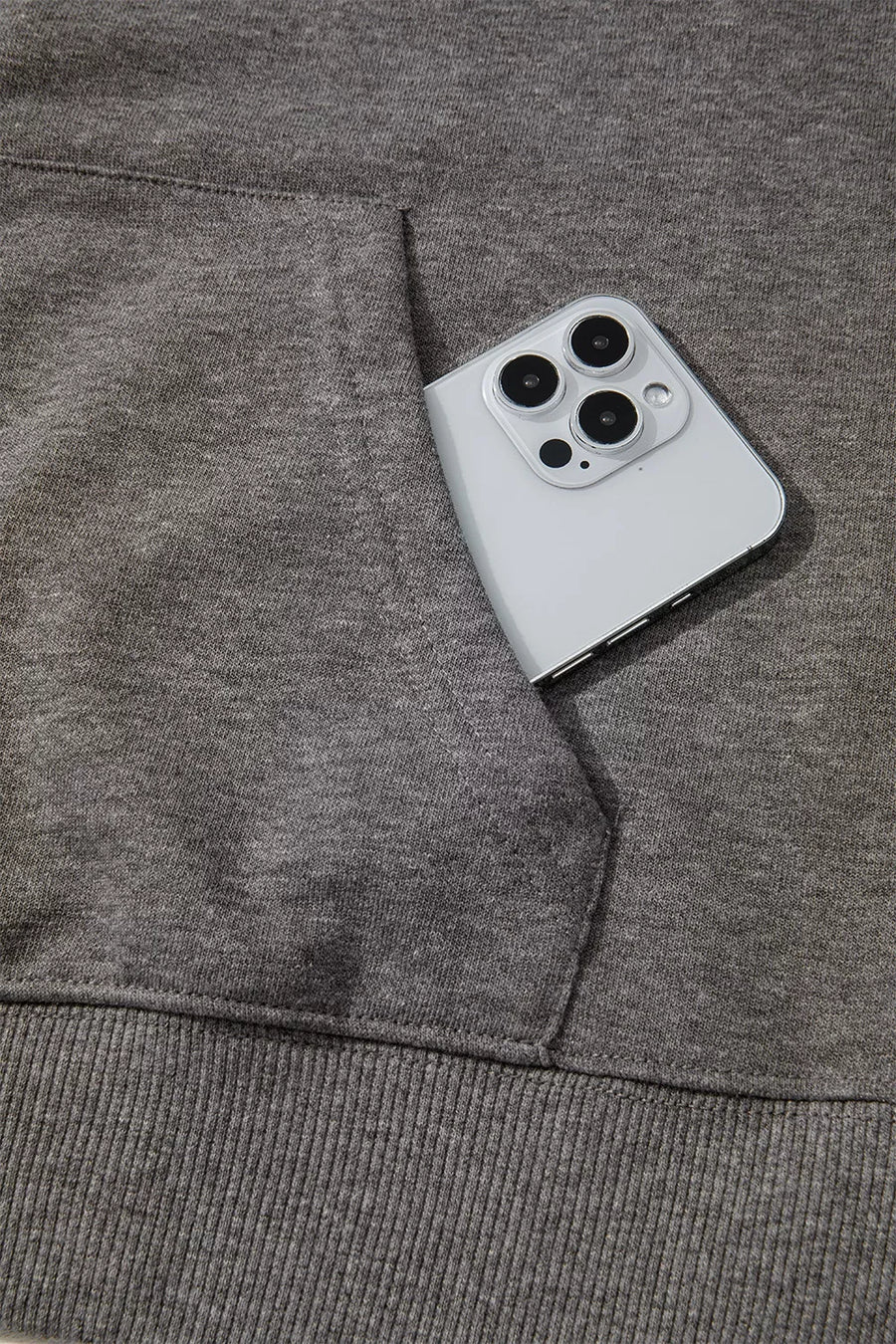 charcoal pullover hoodie with kangaroo pocket and long sleeve