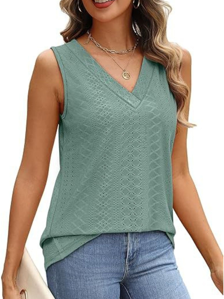Sleeveless V-neck tank top with eyelet detail and a textured pattern.