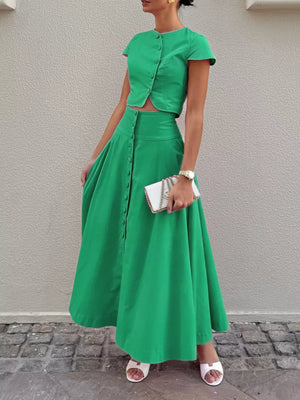 blush pink skirt set with two-piece and cap sleeve