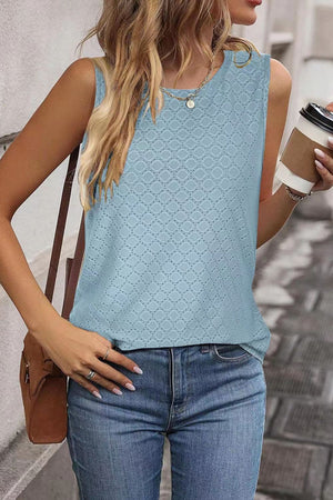Light blue textured sleeveless scoop neck tank top with eyelet pattern
