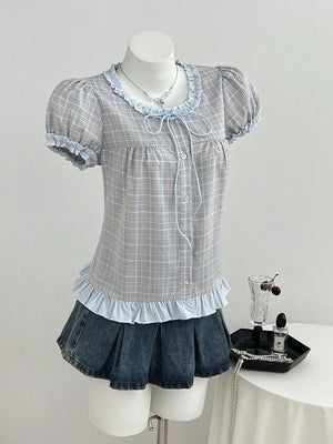 light gray blouse with plaid and round neck