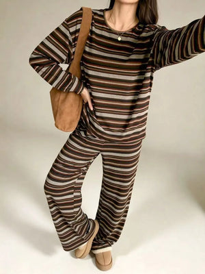 dark brown pajama set with striped and crew neck