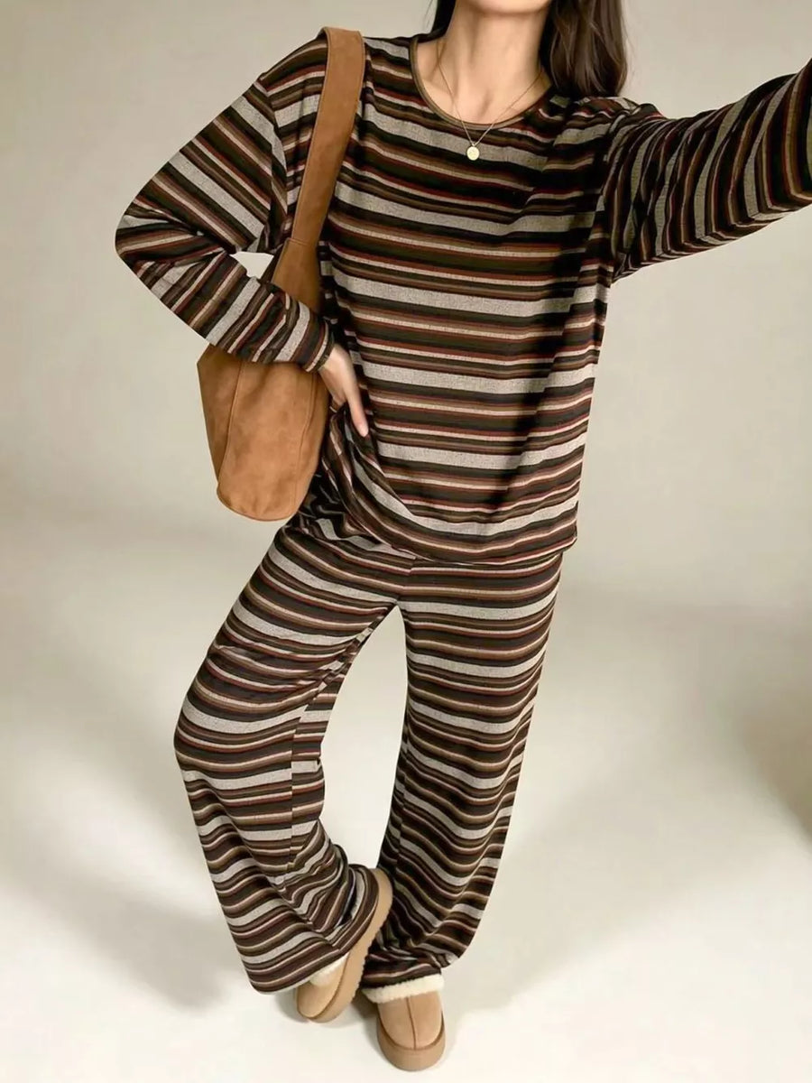 dark brown pajama set with striped and crew neck