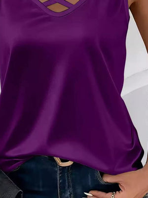 Satin V-neck Criss-cross Tank in White with criss-cross detail