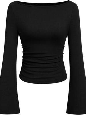 Boat Neck Flare Sleeve T-shirt in Black with stretch