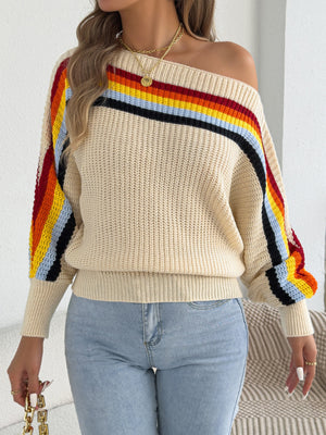 cream pullover sweater with striped and off-shoulder
