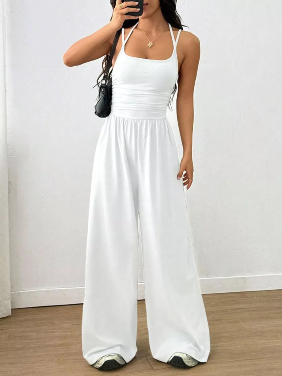 Pink flared jumpsuit with square neck