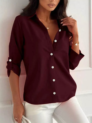 button-down shirt in burgundy featuring roll-tab sleeves and regular fit