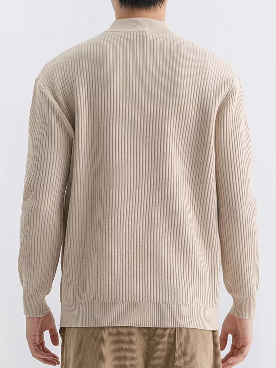 Black mock neck sweater with hip-length and pullover