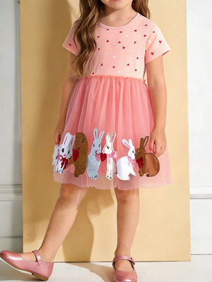 Pink tulle dress with heart print top and bunny applique hem