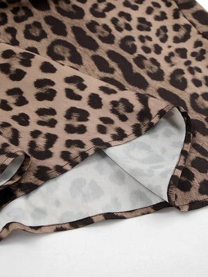 Flowy leopard print maxi skirt with a tan and brown animal print pattern.