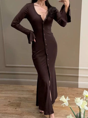 95% Polyester, 5% Spandex Care instructions: Machine wash cold bodycon dress in Brown with fitted silhouette