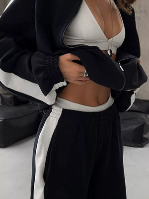 Zip Up Long Sleeve Outerwear And Pants Set in Navy Blue