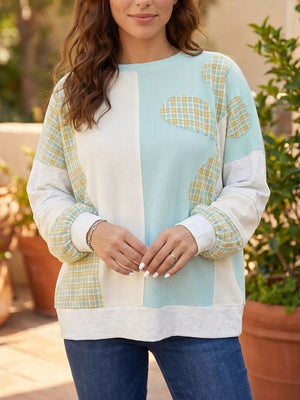Mint Blue Plaid Patchwork Round Neck Long Sleeve Top