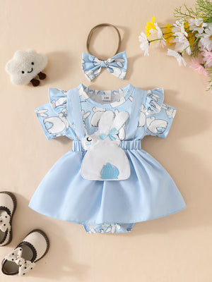 Sky blue baby dress set with bunny applique, ruffle sleeves, and matching bow headband.