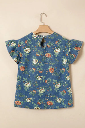 Denim floral blouse with short ruffled sleeves and keyhole back detail.