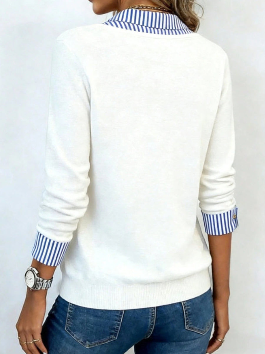 royal blue pullover sweater featuring layered look and striped
