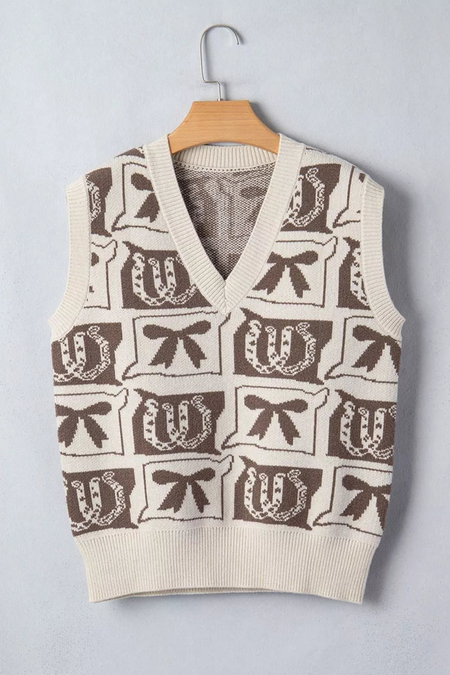sweater vest featuring Western Horseshoe Bow Pattern in brown with 52% viscose, 26% polyester, 22% polyamide Care