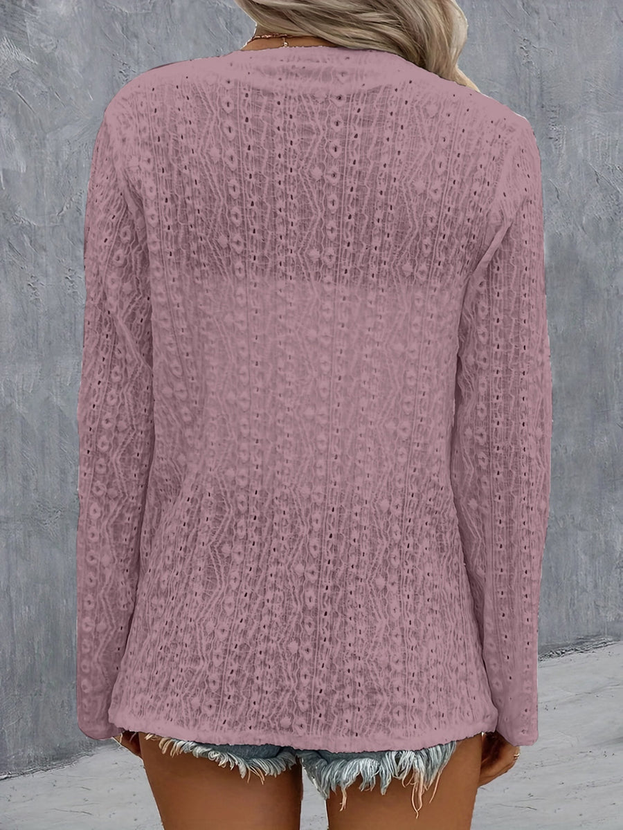 Lilac open-weave long sleeve cardigan with intricate diamond pattern detail.