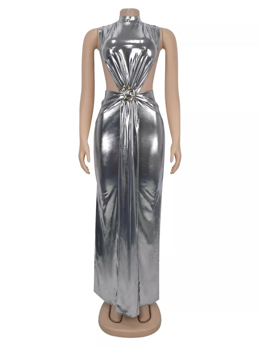 100% polyester Care instructions: Machine wash cold maxi dress in Gold with bodycon silhouette