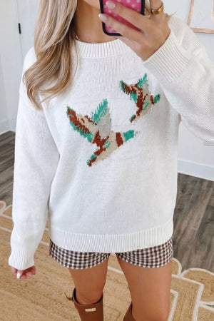 pullover sweater in teal with animal motif and drop shoulder