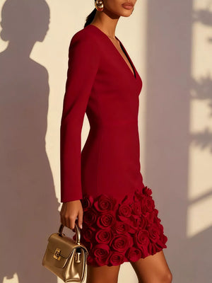 V-neck Mini Dress With Rose Embellishment in Cream