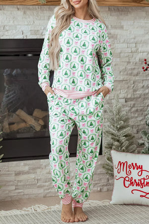 green pajama set featuring two-piece and christmas tree print
