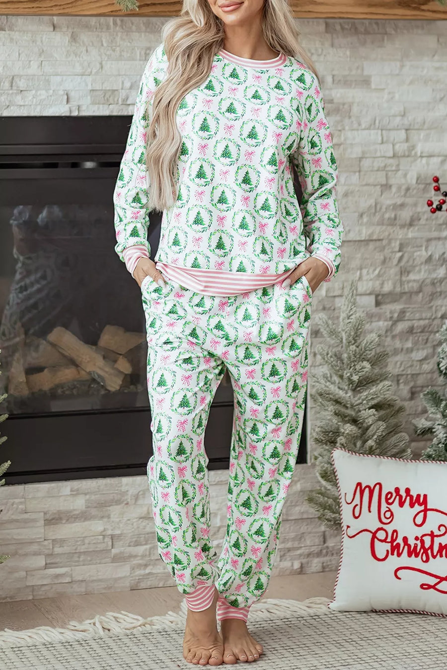 green pajama set featuring two-piece and christmas tree print