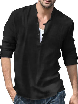 Black half-button long sleeve shirt for men, breathable fabric, casual style