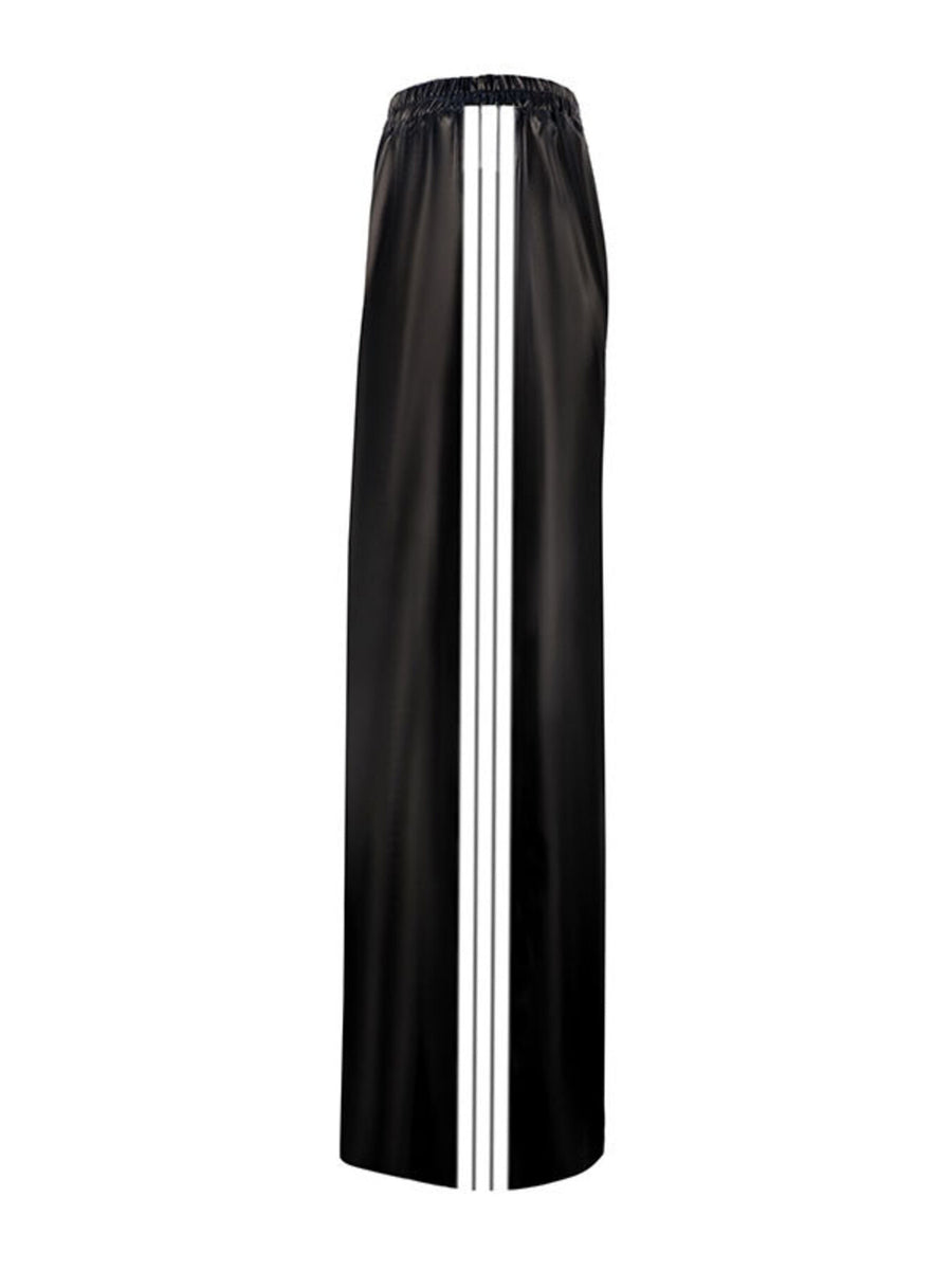 Black faux leather wide leg track pants with white side stripes and elastic waistband.