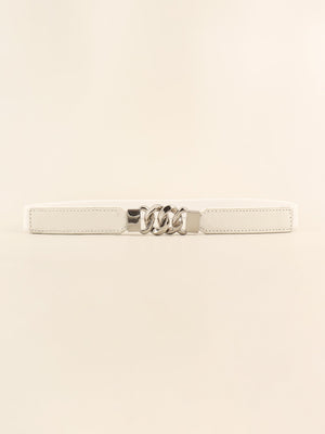 White faux leather belt with silver chain detail and silver buckle