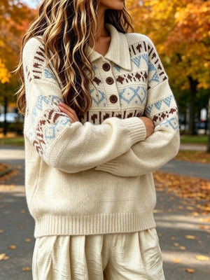 cream pullover sweater with hip-length and half-button