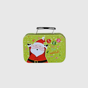Festive illustrated suitcase tin box with Santa and "Joy to the world" text.