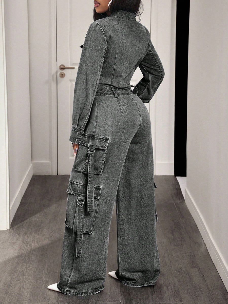 streetwear jumpsuit in Gray with collared